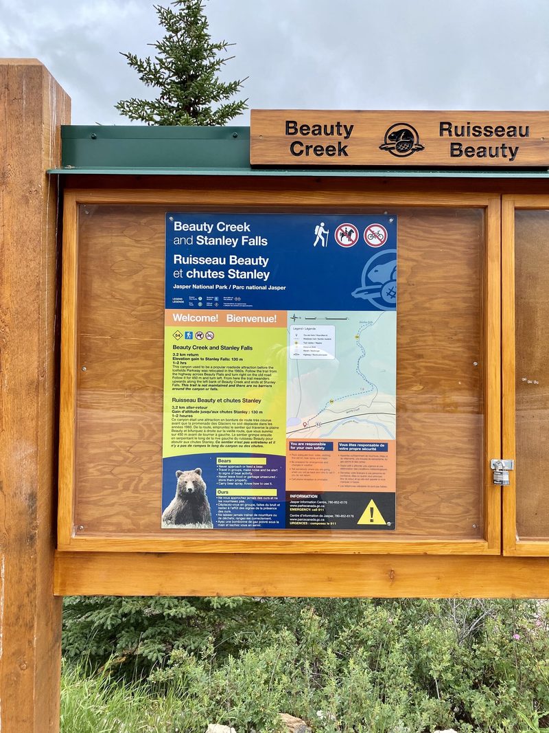 Beauty Creek and Stanley Falls trailhead information kiosk