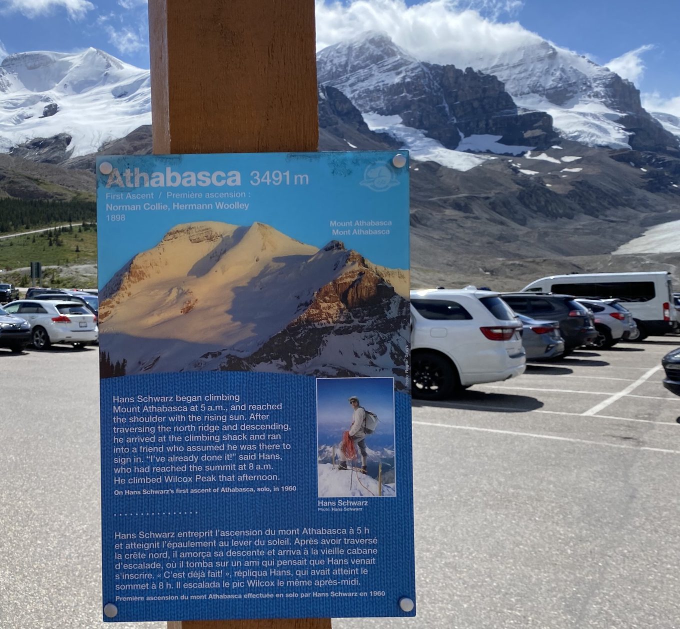 Athabasca peak interpretive sign with Mount Athabasca in background