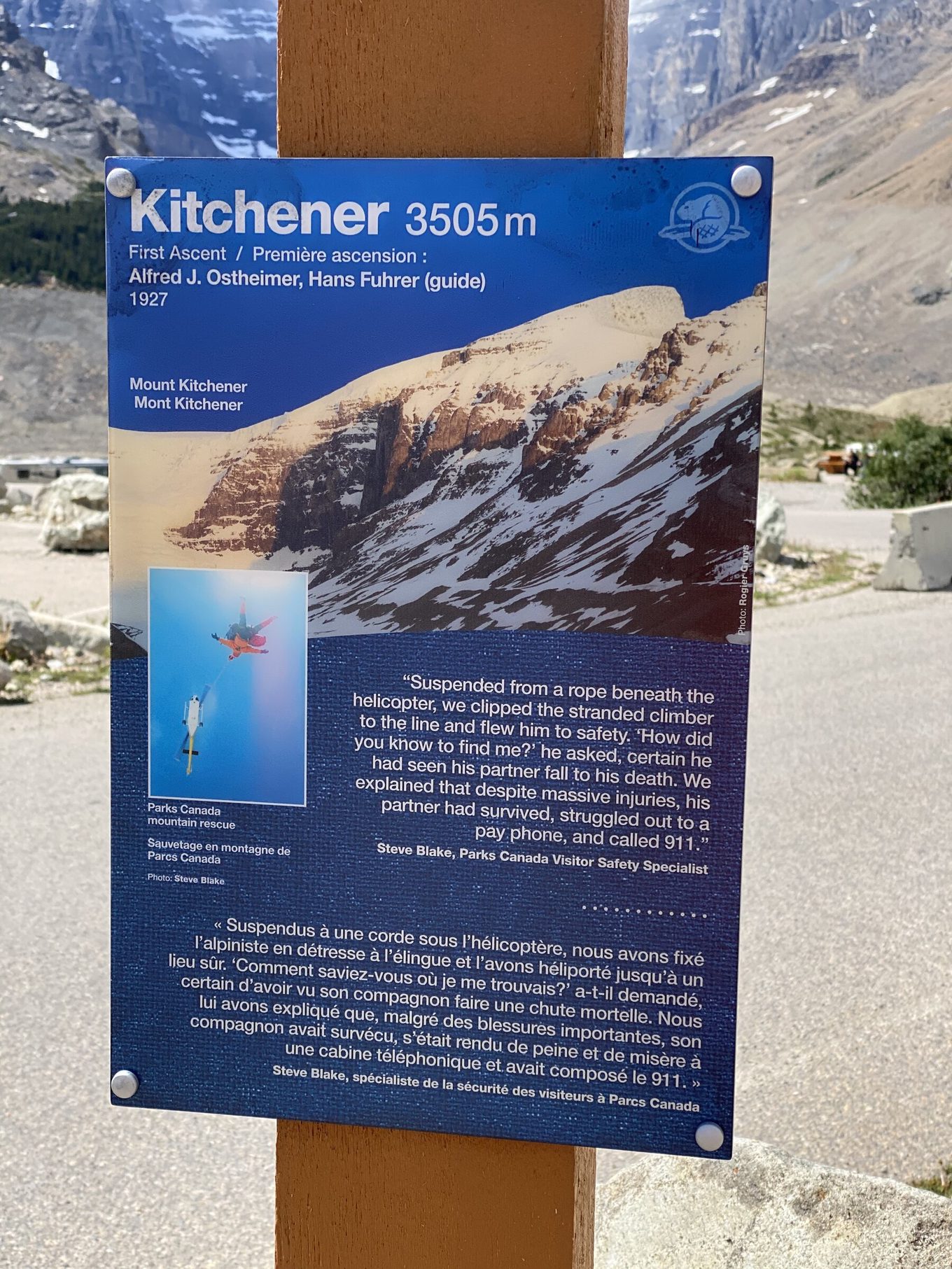 Kitchener peak interpretive sign with Mount Kitchener in background