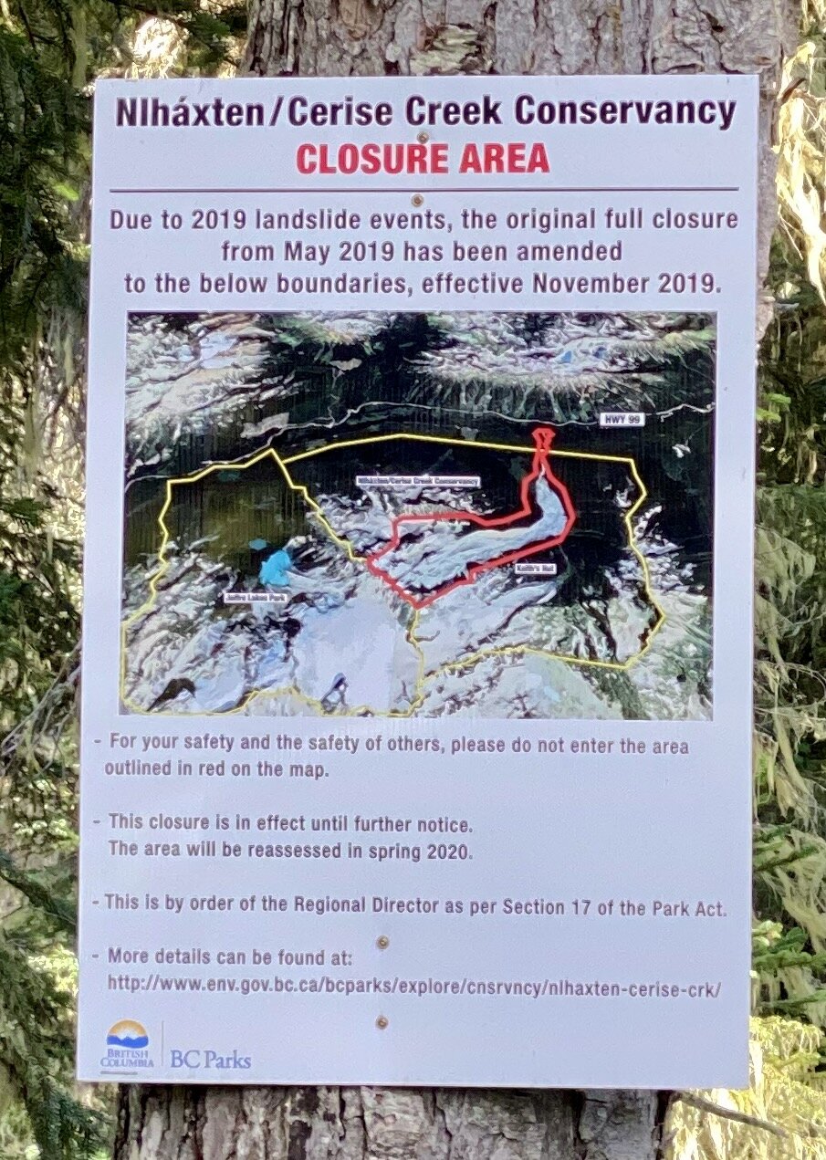 Nlháxten/Cerise Creek Conservancy closure area sign