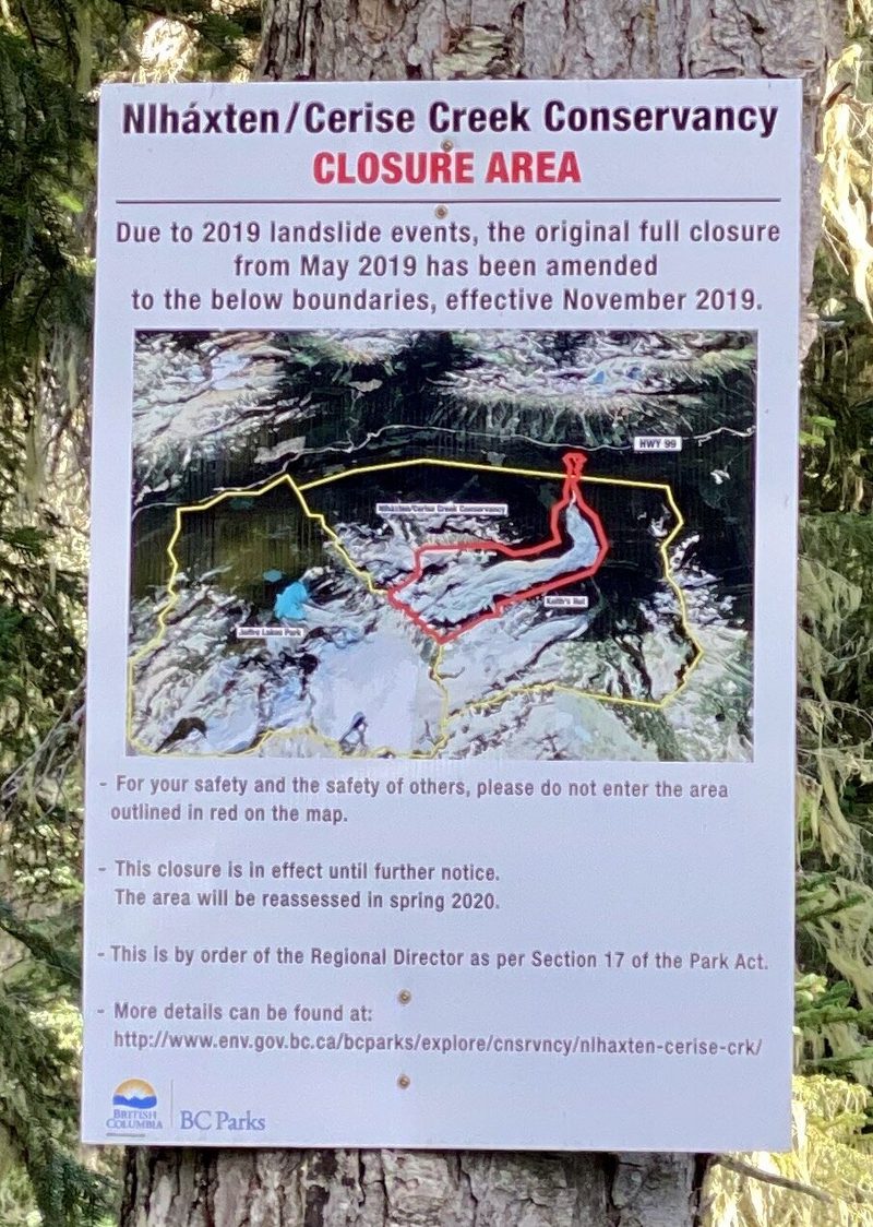 Nlháxten/Cerise Creek Conservancy closure area sign